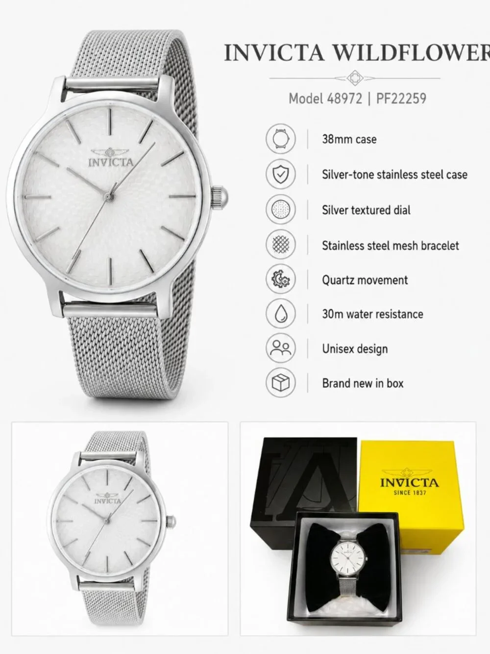 IInvicta Wildflower Maylen 48972 Silver Mesh Watch 38mm Unisex NIB